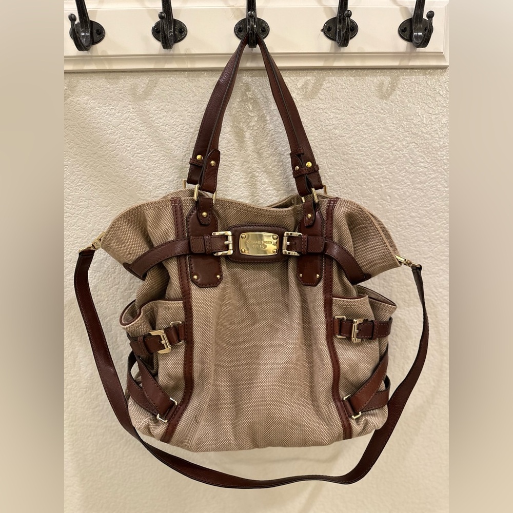 Michael Kors Tan and Brown Gansevoort Shoulder Bag with Leather Accents